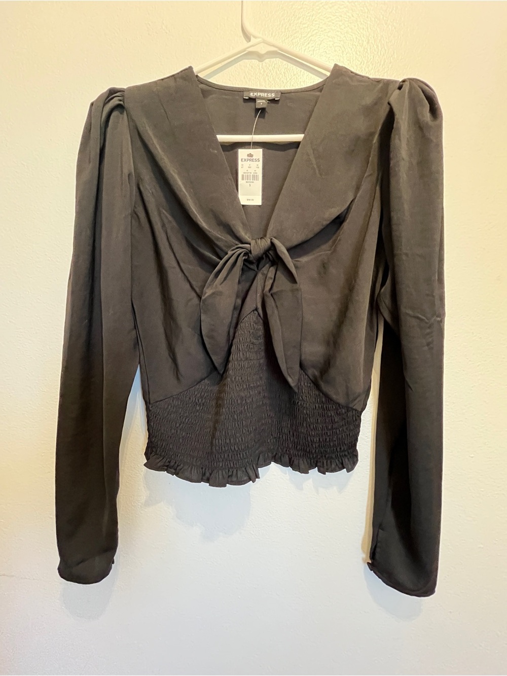 Express Satin Black Tie-Front Smocked-Waist Long Sleeve Top